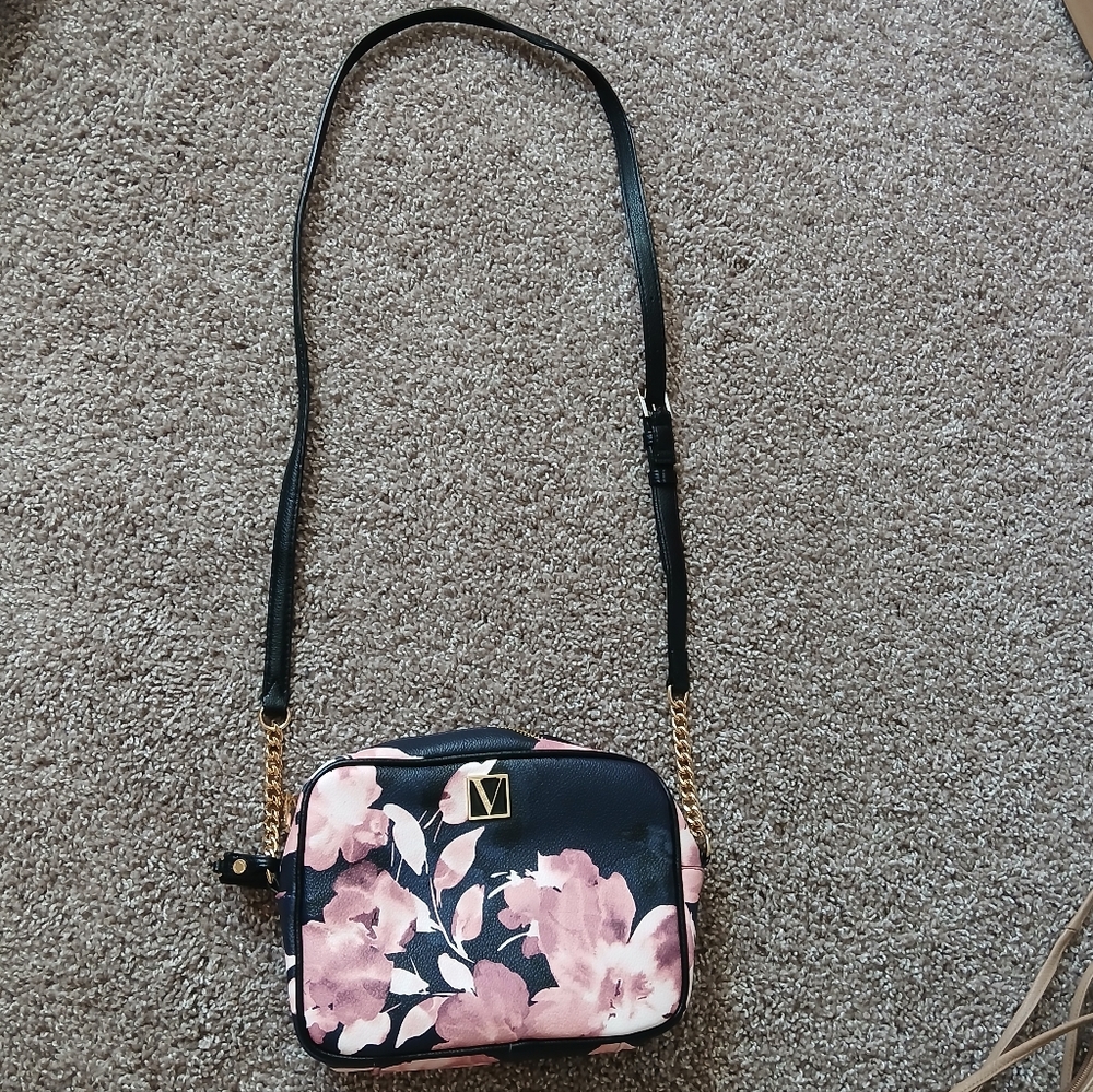 Victoria’s Secret Black & Pink Floral Crossbody Bag with Gold V Logo - Picture 1 of 10
